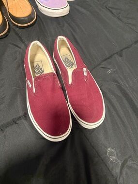 Vans Slip-On Canvas Sneakers in Maroon and White